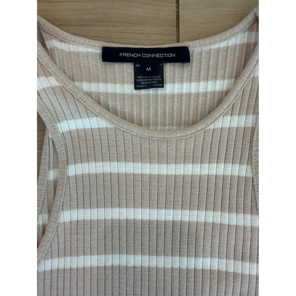 French Connection Tan White Striped Ribbed Knit Sleeveless Maxi Dress Slit M - Picture 3 of 5